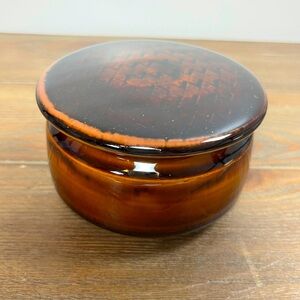 Vintage Honey Brown Glazed Ceramic Stoneware Sugar Jar with Lid Chevron Design